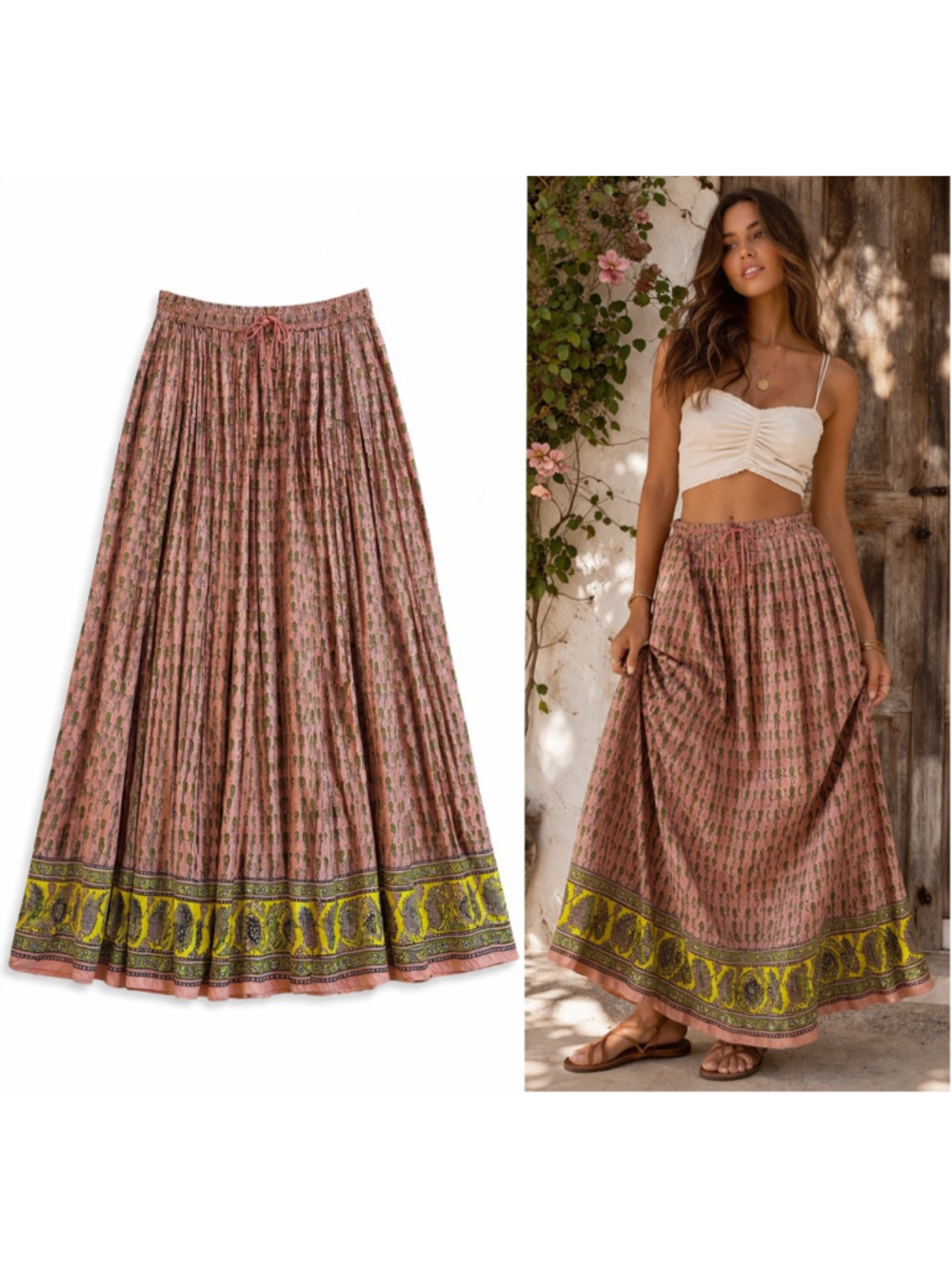 Funky People Pink Maxi Skirt with Yellow Green Border